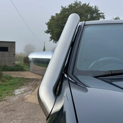 Close-up of short entry snorkel on Mitsubishi L200 with polished 304 stainless steel finish
