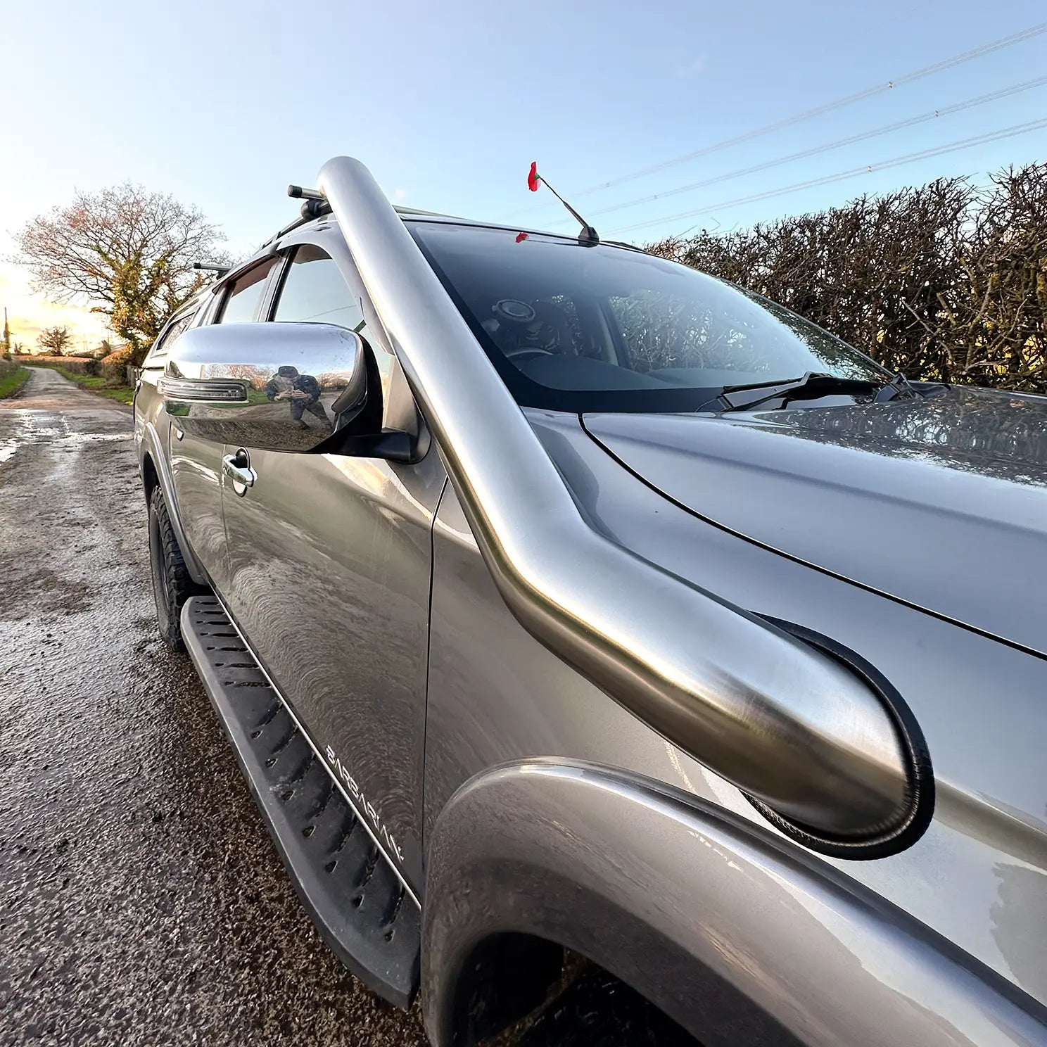 Close-up of 304 stainless steel long entry snorkel for L200 2015