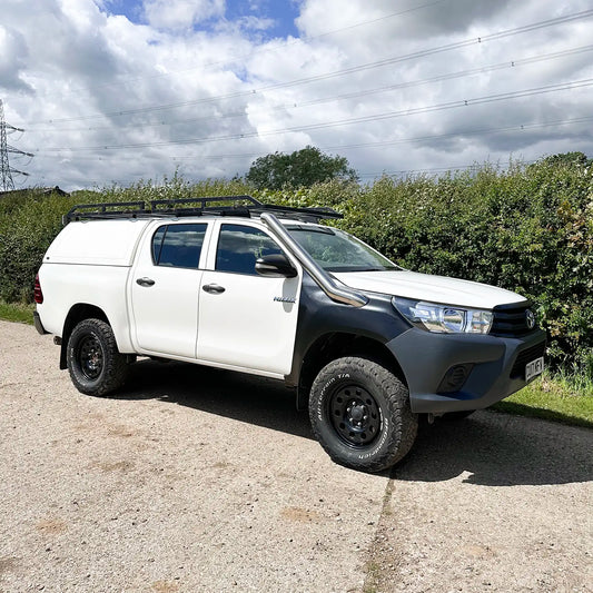 Front view of Toyota Hilux Mk8 with midi entry stainless steel snorkel kit installed
