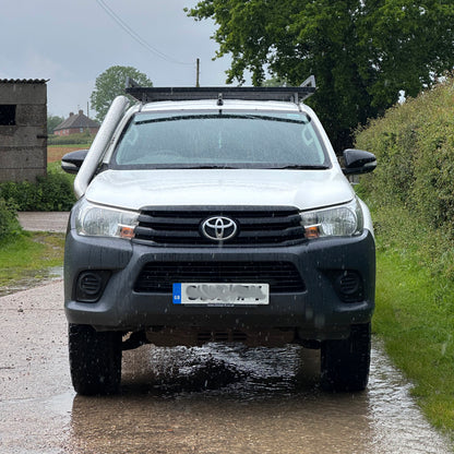 Front view of Toyota Hilux Mk8 with short entry stainless steel snorkel kit installed